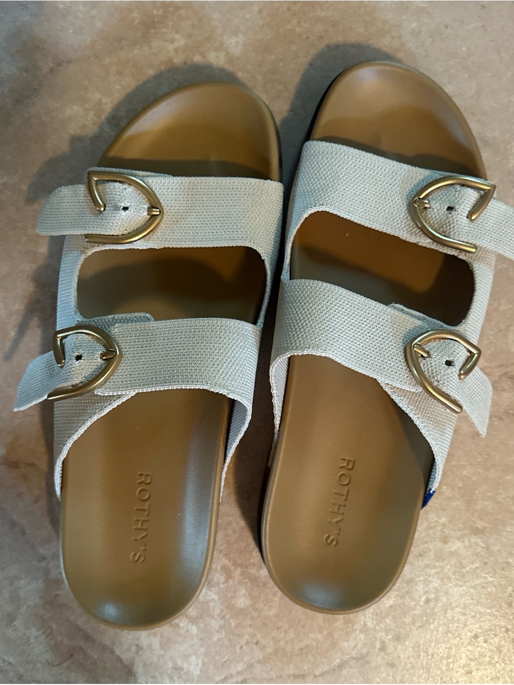 Rothy's Cream Double-Band Slide Sandals with Gold Buckles